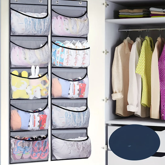 Large capacity non-woven hanging storage bag in gray with black edges. This closet storage box is perfect for organizing clothes and accessories. It features 5 large pockets with Z-shaped hooks for hanging on doors. Ideal for use in the bathroom