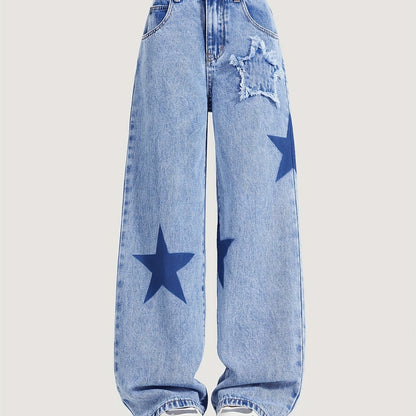 Youngsters' wide-leg denim jeans with star pattern, elastic waistband, comfort fit, machine washable. Perfect for everyday outings and comfortable playwear. Nonstretch denim.