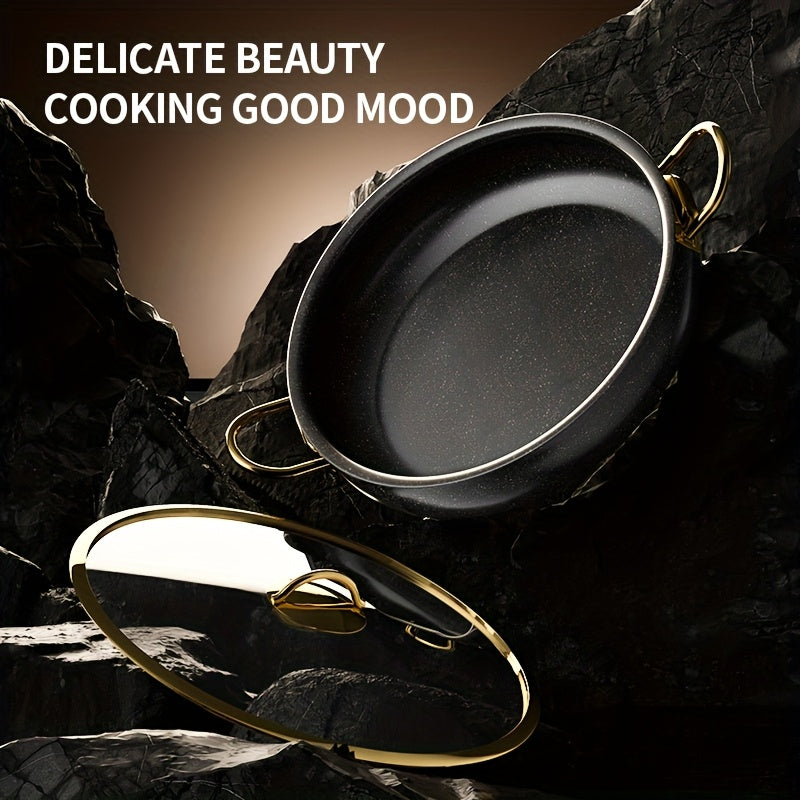 This stainless steel cookware set includes 12 pieces, featuring a triple-layer high-temperature resistant non-stick coating. The set also has golden-plated handles and heat-resistant silicone wood utensils. It is easy to clean, ensures even heat