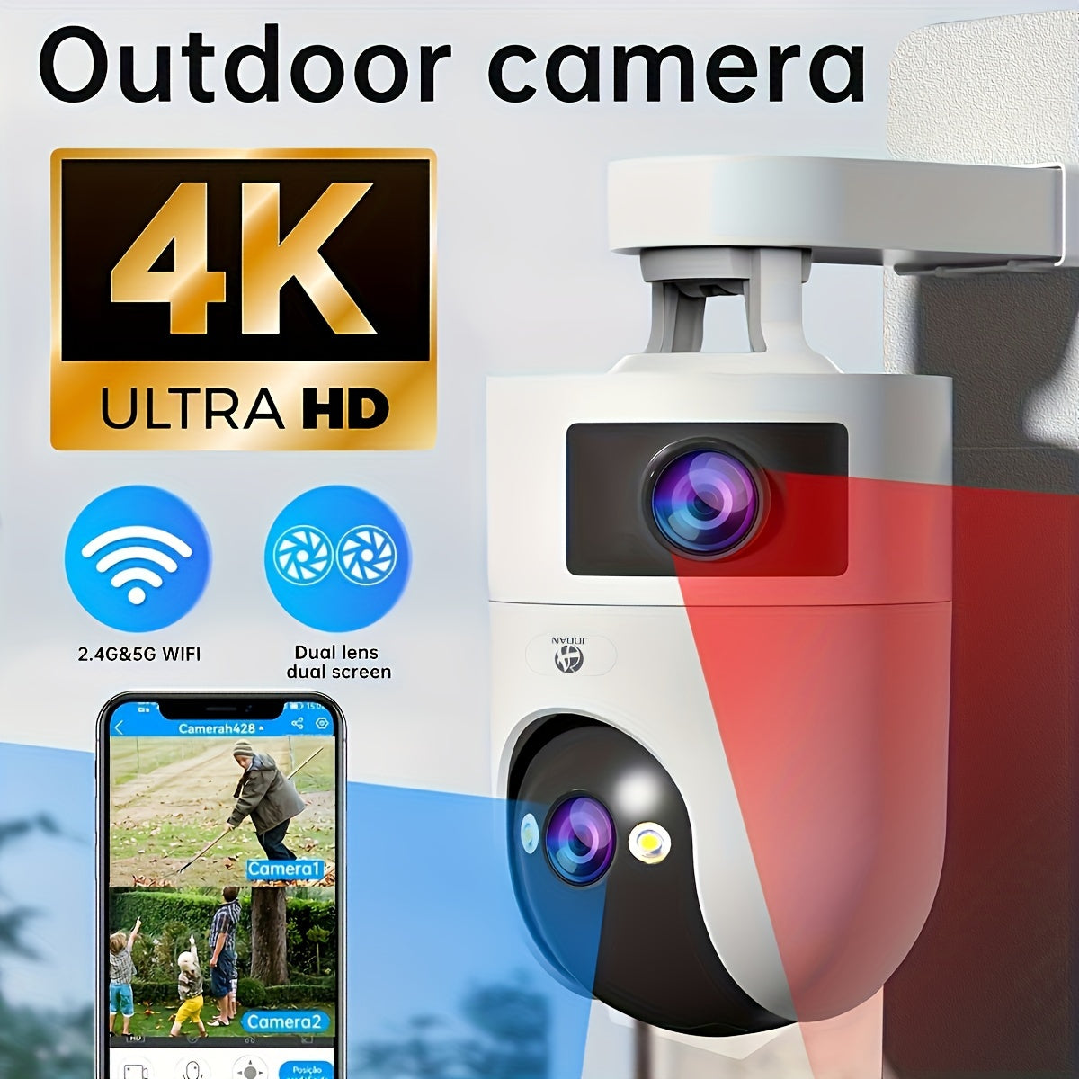 Enhance your home security with the JOOAN PTZ Dual Lens Camera featuring dual-screen display, 2.4G&5G connectivity, wall hanging option, crystal-clear 1296p video quality, two-way audio communication, convenient smartphone app control, perfect for indoor