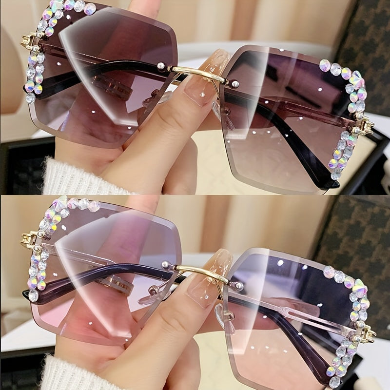 2 rhinestone rimless fashion glasses for women with gradient lenses, metal frames, and casual yet fashionable design.