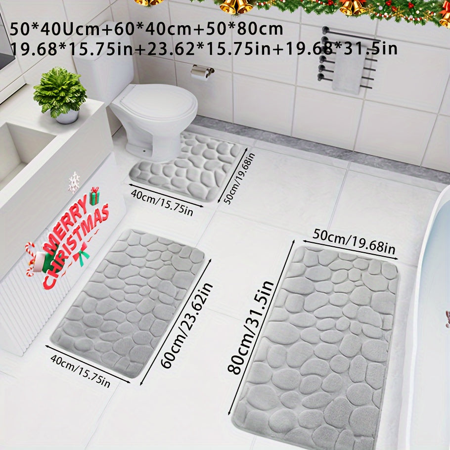 3-piece Christmas bath mat set, with ultra-absorbent, non-slip bathroom rug made of soft, comfortable, premium polyester knit weave for tub, shower, and home decor.