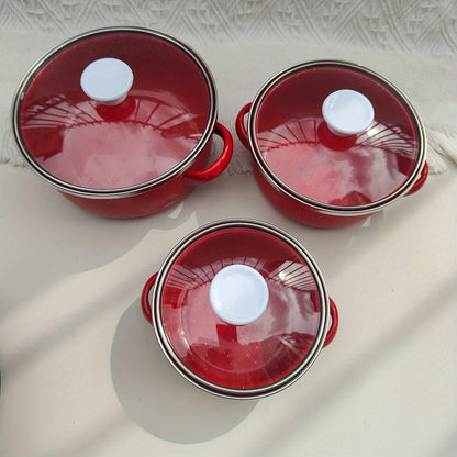 This set includes three mini enamel pots in sizes of 12cm, 14cm, and 16cm, perfect for home use in the kitchen. They are suitable for gas and electric stoves, making them versatile for any cooking needs. This set makes a great holiday gift and is perfect