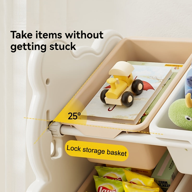 3-tier storage organizer with bins for toys, books, and clothes. Ideal for playroom and bedroom.