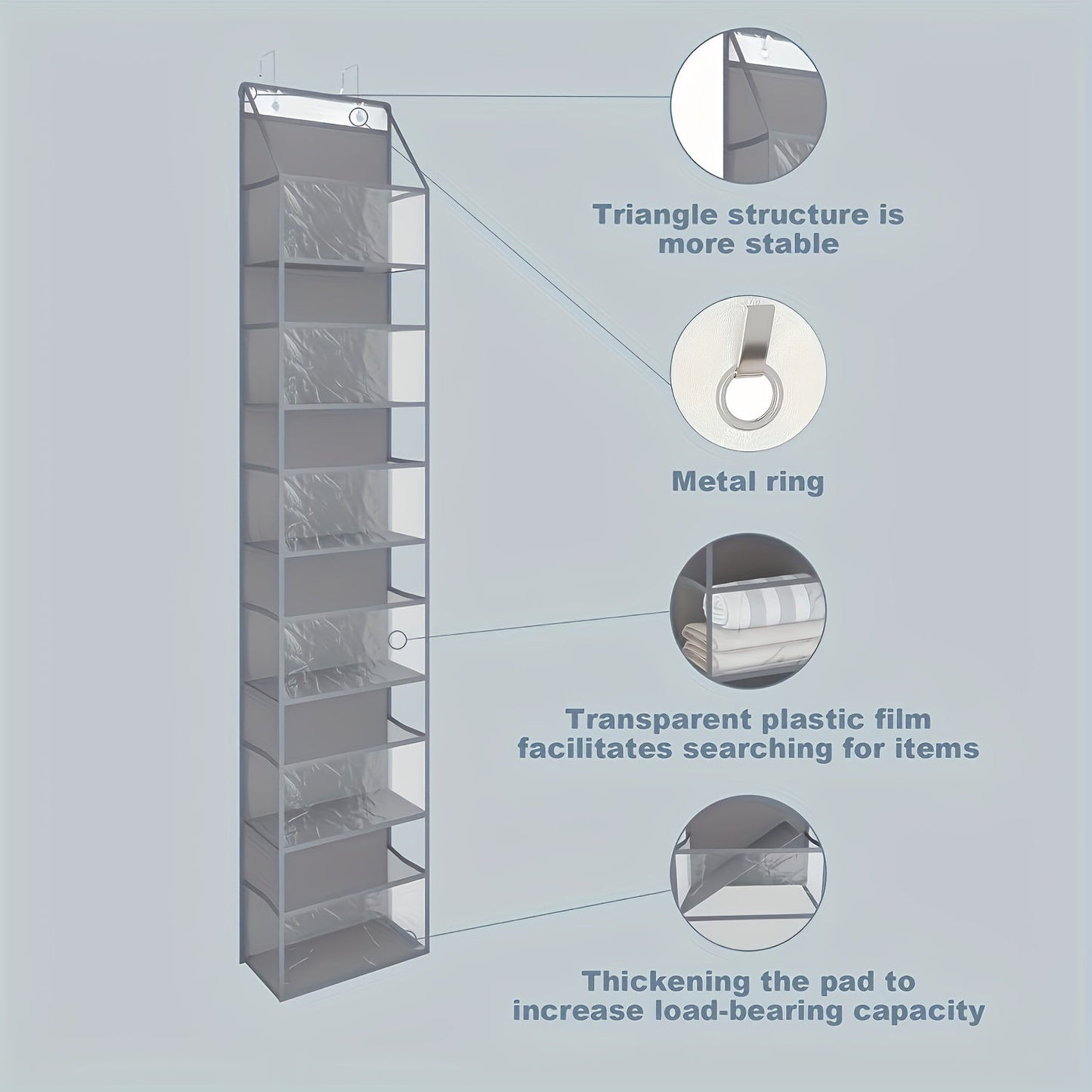 A versatile over-the-door organizer featuring clear pockets - ideal for bedrooms, closets, bathrooms, and dorm rooms.