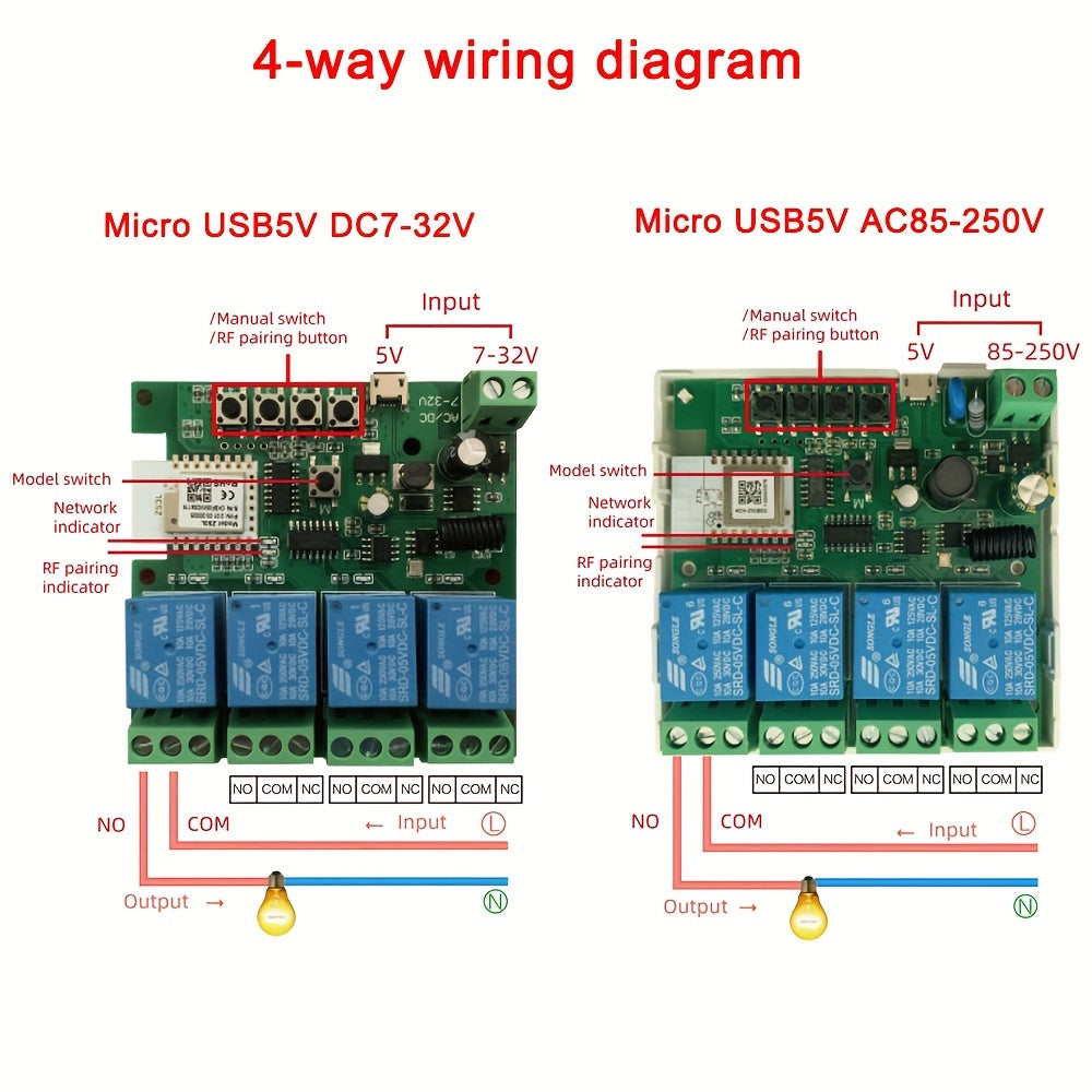 4-way Zigbee relay for switches, remote control, AC85V-250V/USB5V, up to 2200W/10A