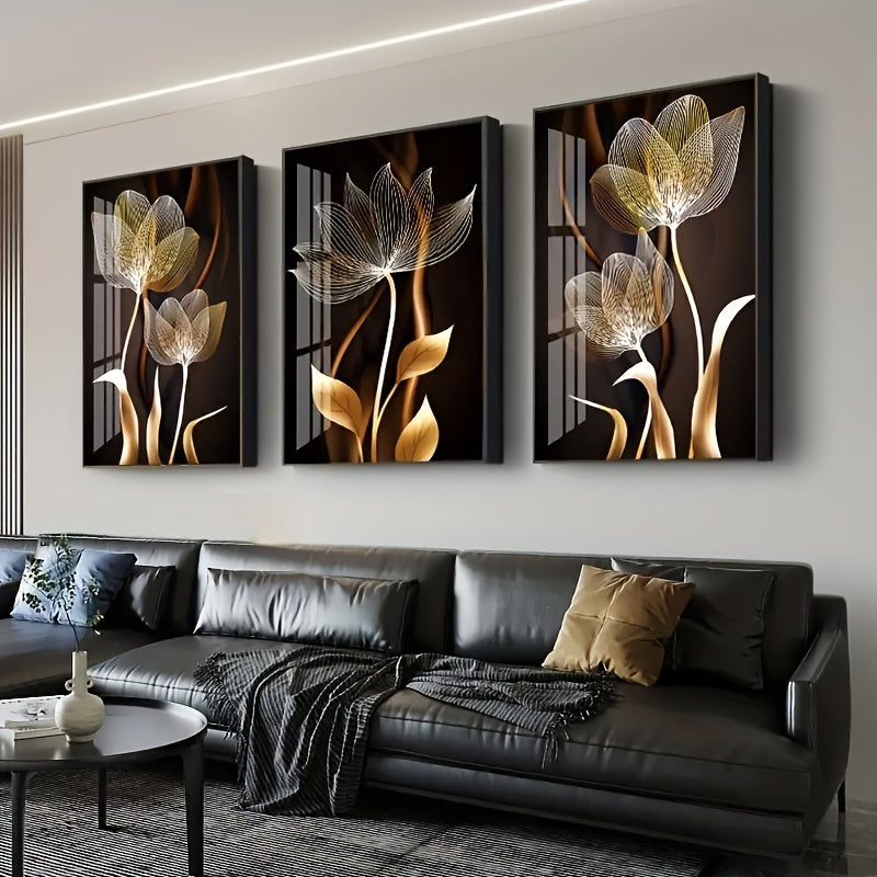 Set of 3 luxury canvas print posters featuring golden flower artwork for various rooms, no frames included.