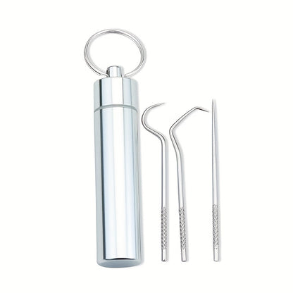 Set of 3/4/7 stainless steel toothpicks for dental cleaning and stain removal. Includes portable metal floss and interdental cleaning gadgets for home, outdoor, and travel use. Perfect for