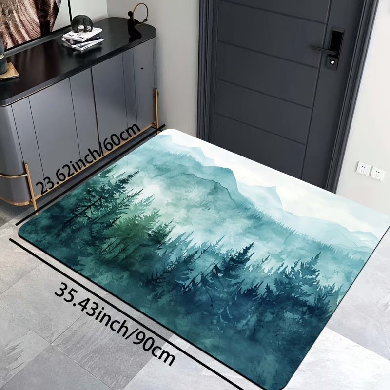 Forest Big Mountain Pattern Bathroom Carpet with Foam Cushion and Skid-Proof Bottom for Kitchen, Living Room, Bedroom, and Indoor Spaces. Machine Washable Entrance Doormat for Home Decor.