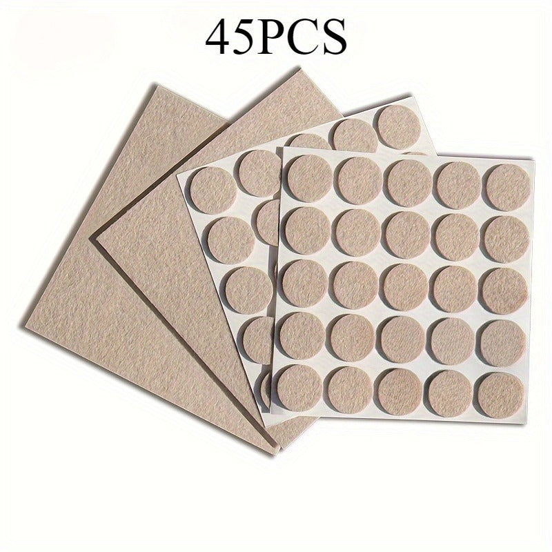 A set of 45 self-adhesive anti-slip furniture pads designed to protect chair legs on hardwood floors. Color: Nude.