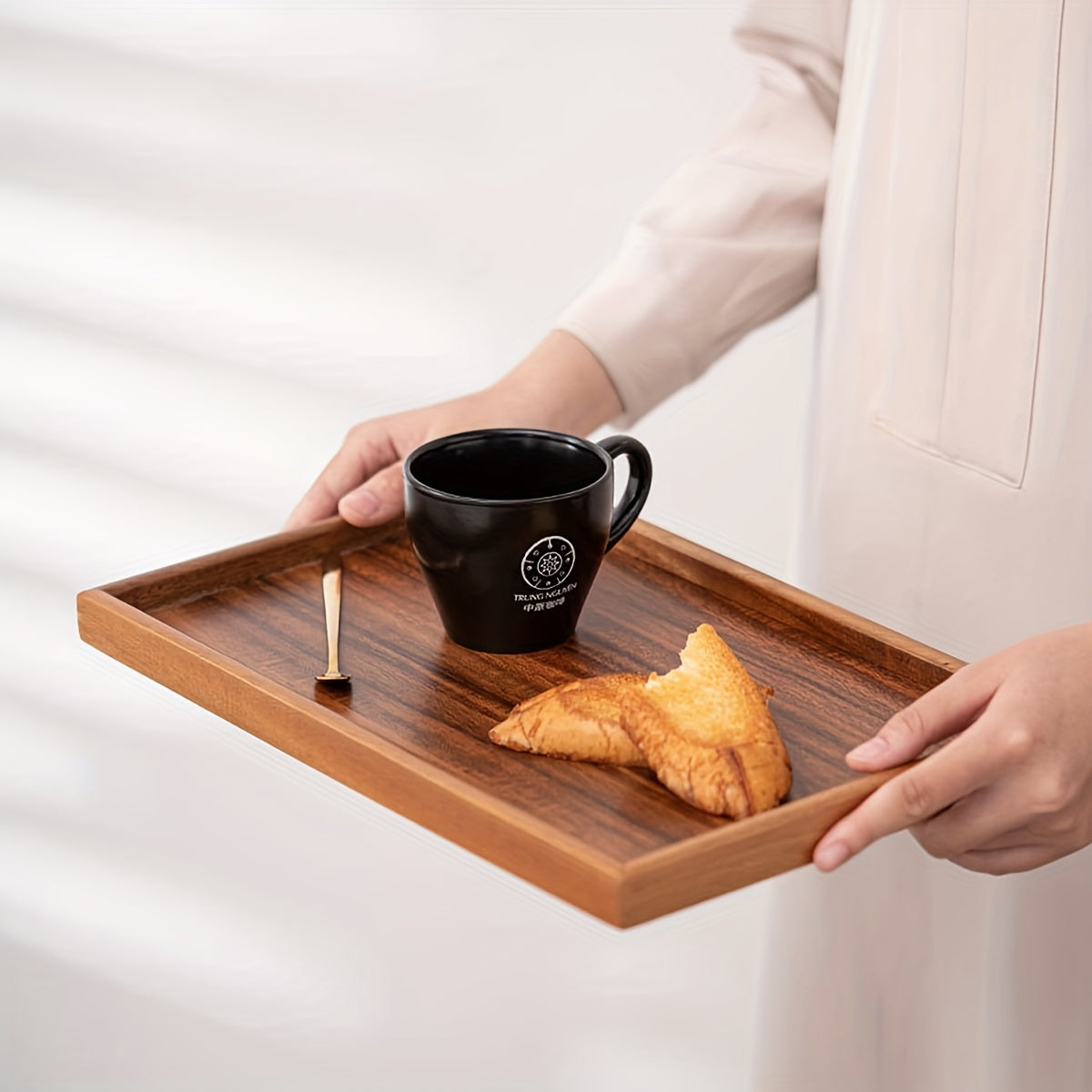 Rectangular walnut tray suitable for various uses such as breakfast, desserts, bread, snacks, sushi, afternoon tea, and as a table decoration for home, hotel, or restaurant kitchens.