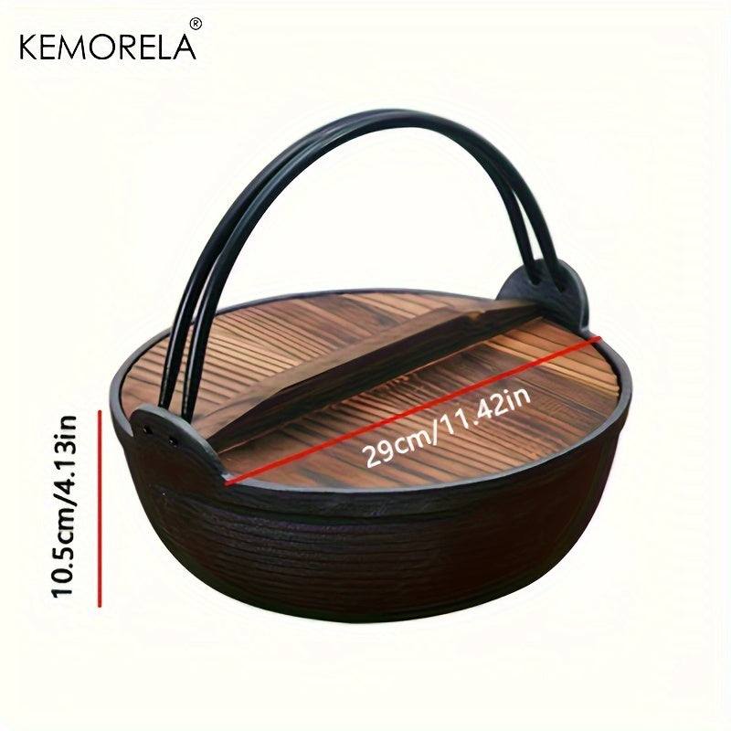 KEMORELA Cast Iron Stockpot with Wooden Lid - Pre-Seasoned Non-Stick Sukiyaki Pot - Ideal for Outdoor Camping - Multi-Purpose Cast Iron Cookware for Stews and Frying