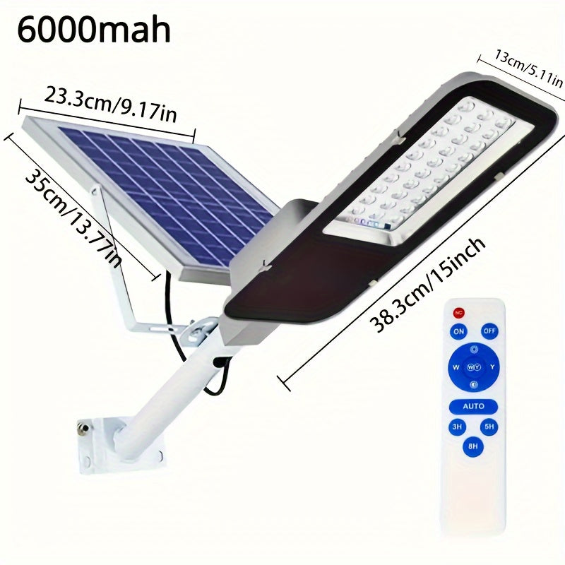 Energy-efficient outdoor solar street light with 6000/4000mAh battery, remote control, and solar panel for garden and yard lighting.