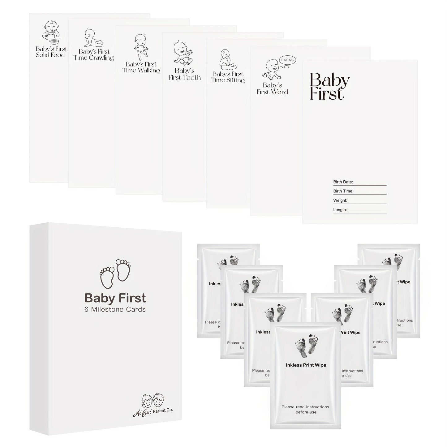 7-piece Ai Bei Parent Co First Milestone Keepsake Kit includes Inkless Hand & Footprint Cards, Clean Touch Memory Casting Paper, and 7 Wipe Bags. Perfect for capturing memories from birth to 3 years old, this kit makes a wonderful family memory gift.