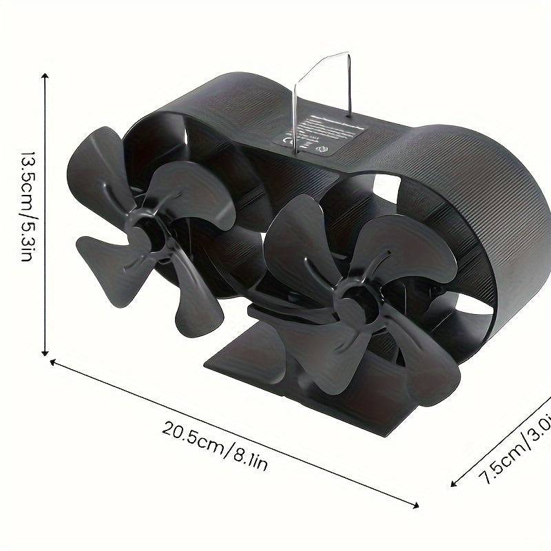 Wood stove fan with dual motors, heat-activated aluminum fireplace blower for high-speed non-electric operation.