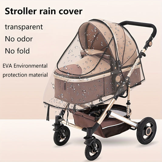 Rainproof baby stroller cover made from EVA material, providing protection from wind, rain, dust, and droplets while allowing for ventilation and light permeability in an environmentally friendly way.