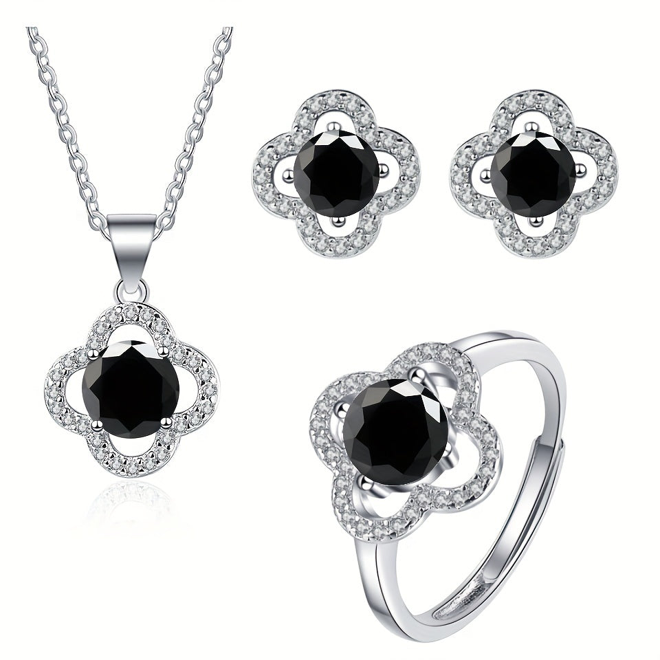 4-piece Moissanite Jewelry Set featuring 925 Sterling Silver Earrings, Necklace, and Ring in a Lucky Flower Design. Perfect for complementing daily outfits and a dainty Christmas gift for your loved one.