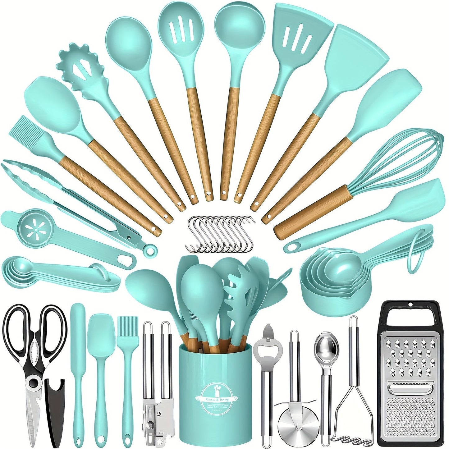 Silicone Kitchen Utensil Set with Wooden Handles - 44 Pieces, Non-Stick Coating, Includes Stainless Steel Grater & Bottle Opener, Ideal for Cooking, Baking & Festive Occasions.