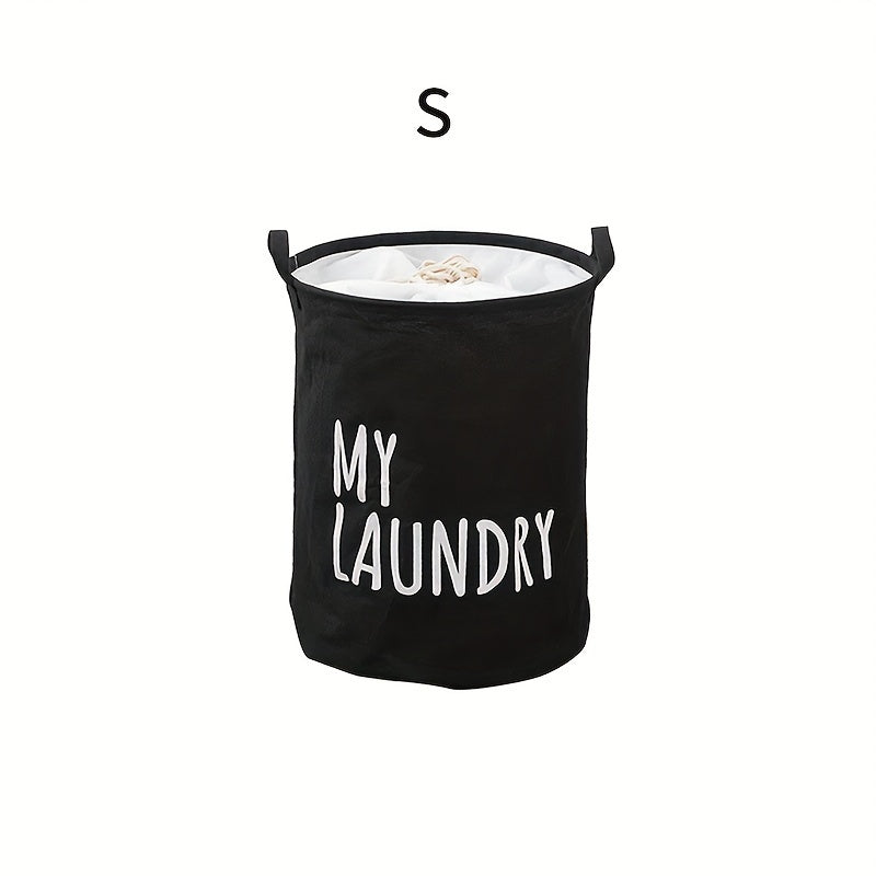 Classic Thick Fabric Laundry Basket with Drawstring Closure - Versatile Cylinder-Shaped, Foldable Dirty Clothes Storage Bin in Navy, White, and Gray featuring "MY LAUNDRY" Print for Stylish Room Decor, Laundry Room Organization, and Storage Solution