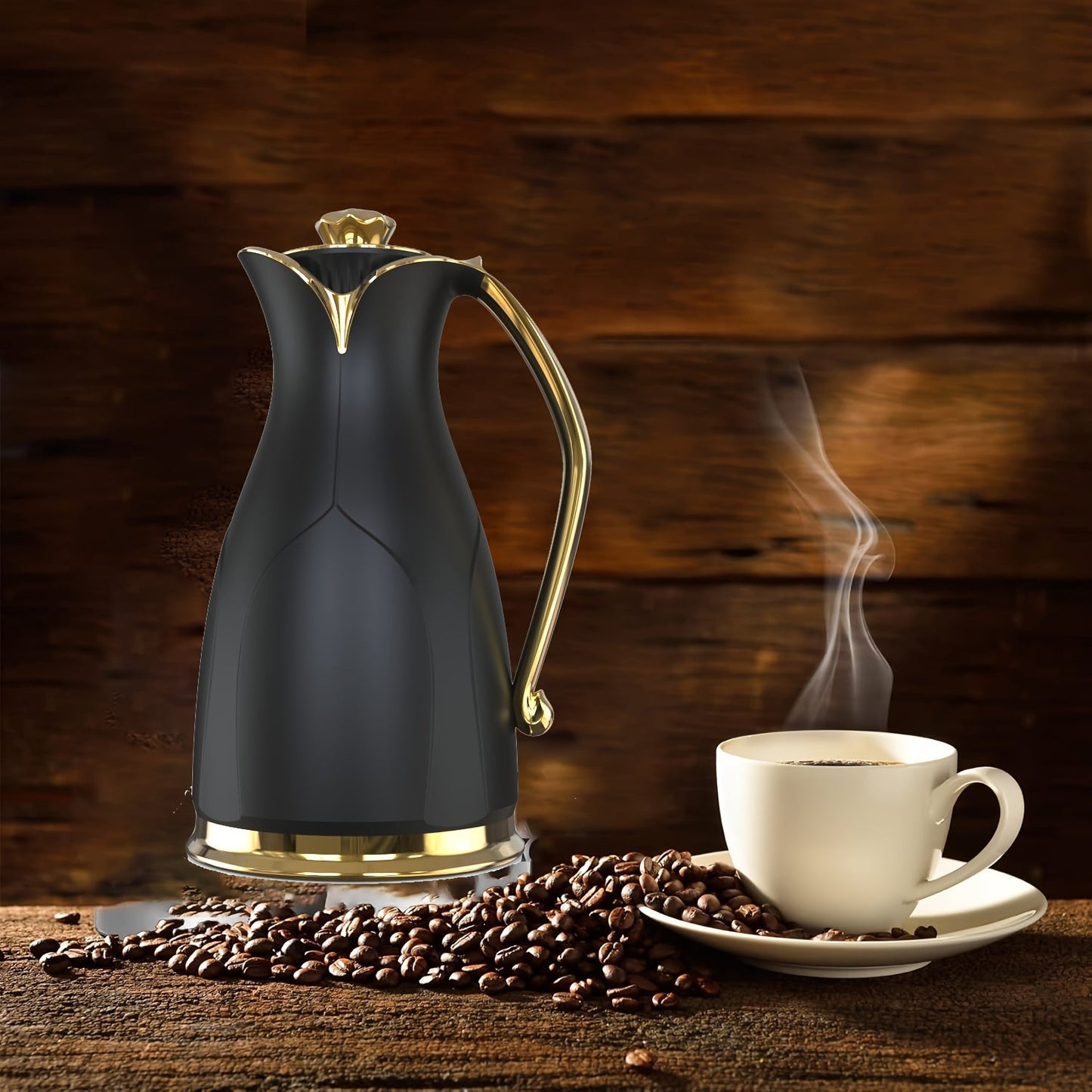 Two Vacuum Insulated Thermal Carafes for Coffee and Tea - Stainless Steel Double-Wall Flasks in 1L and 0.7L sizes, featuring an elegant Golden Tree Design. Keeps beverages hot without the need for electricity.