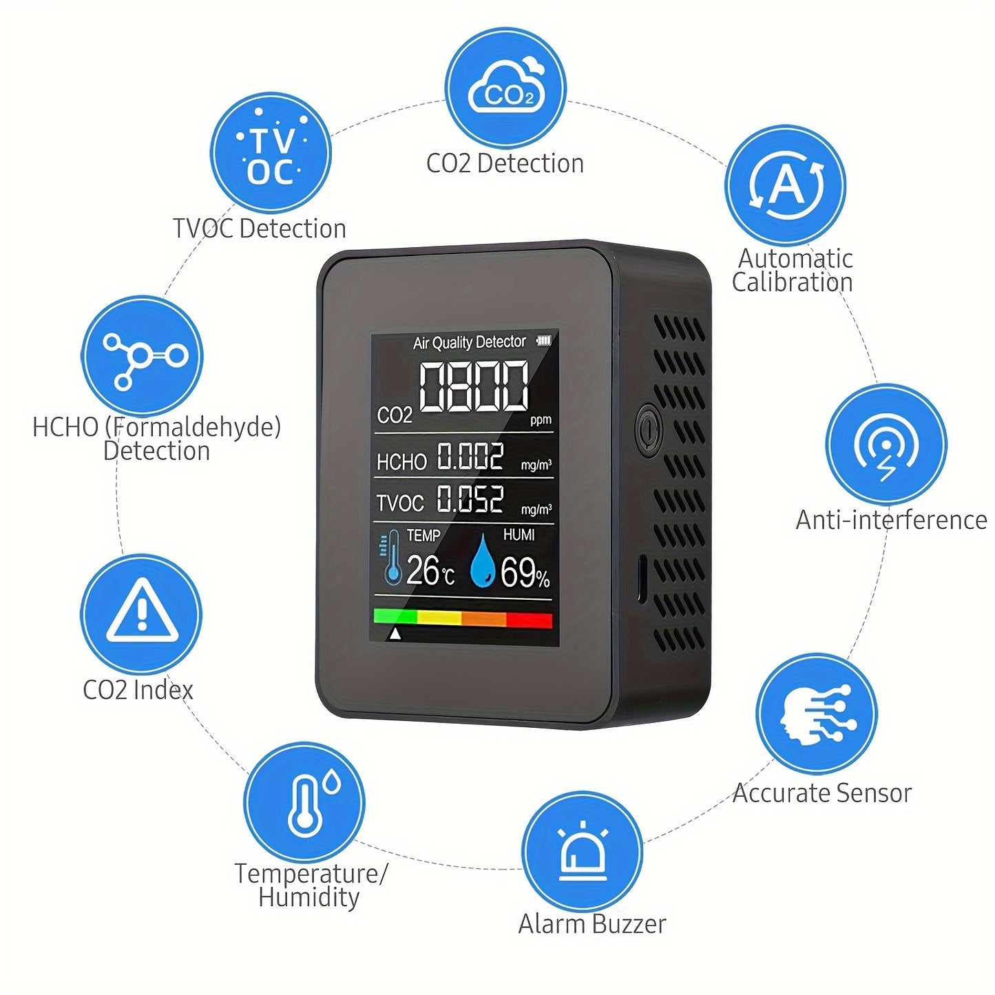 Portable CO2 detector with temperature, humidity, TVOC, and HCHO detection, rechargeable, suitable for travel and home use.