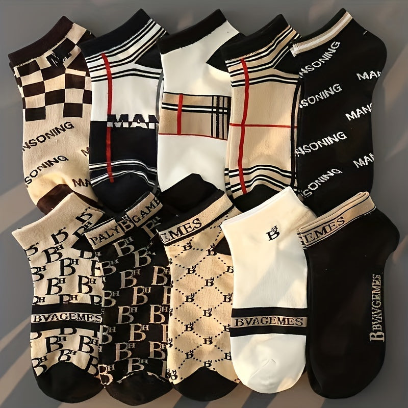 10 pairs of men's stylish ankle socks with letter pattern, made from breathable polyester blend.