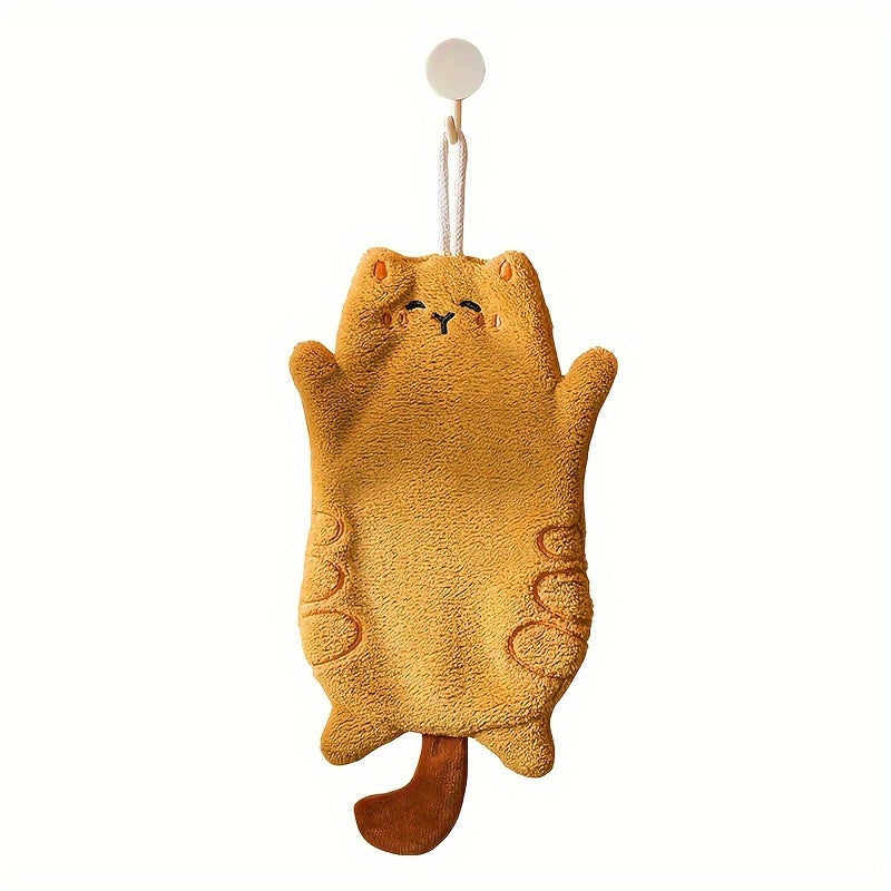 Cute cat fingertip towel made from durable polyester fabric, quick-dry and absorbent for kitchen or bathroom use, featuring a fun cartoon design and coral fleece embroidery.