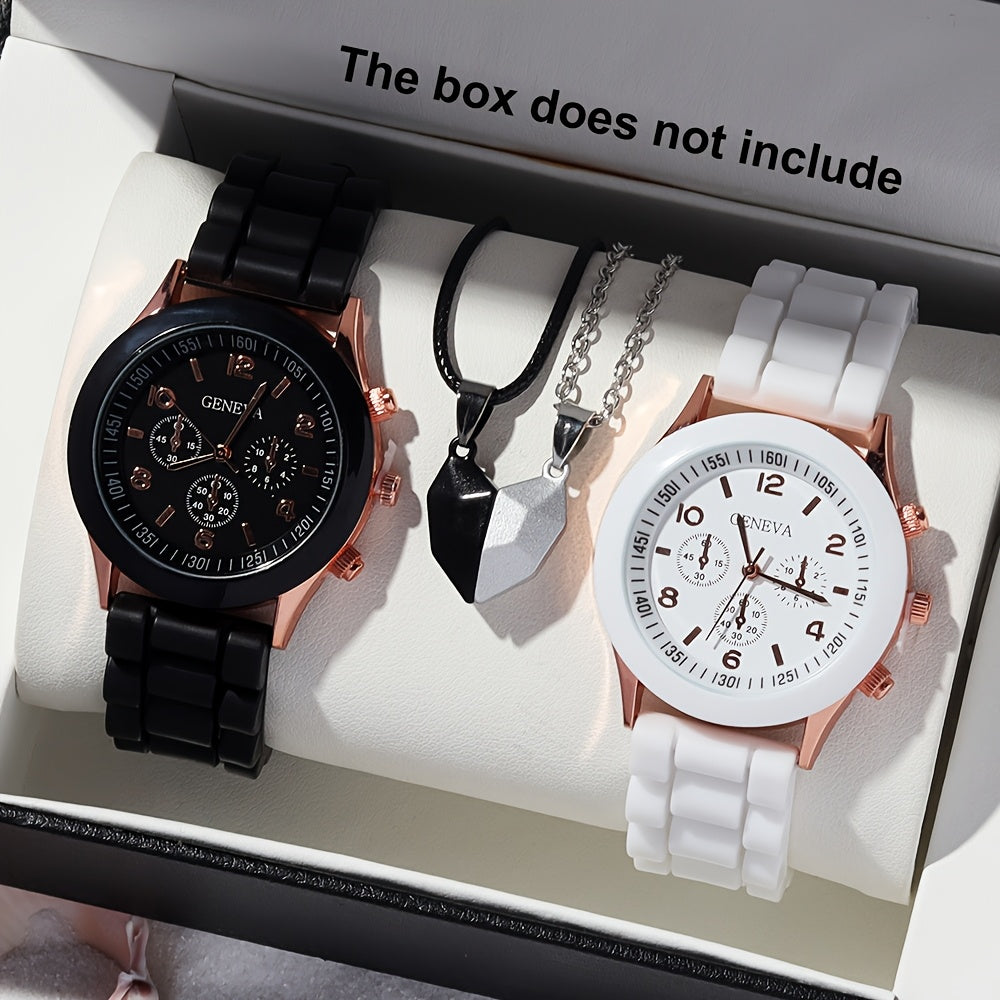 4-piece Fashion Couple Quartz Watch Set with Colorful Love Magnetic Necklace, Personalized Number Scale Round Dial and Simple Soft Strap. Ideal gift for couples, perfect for Valentine's