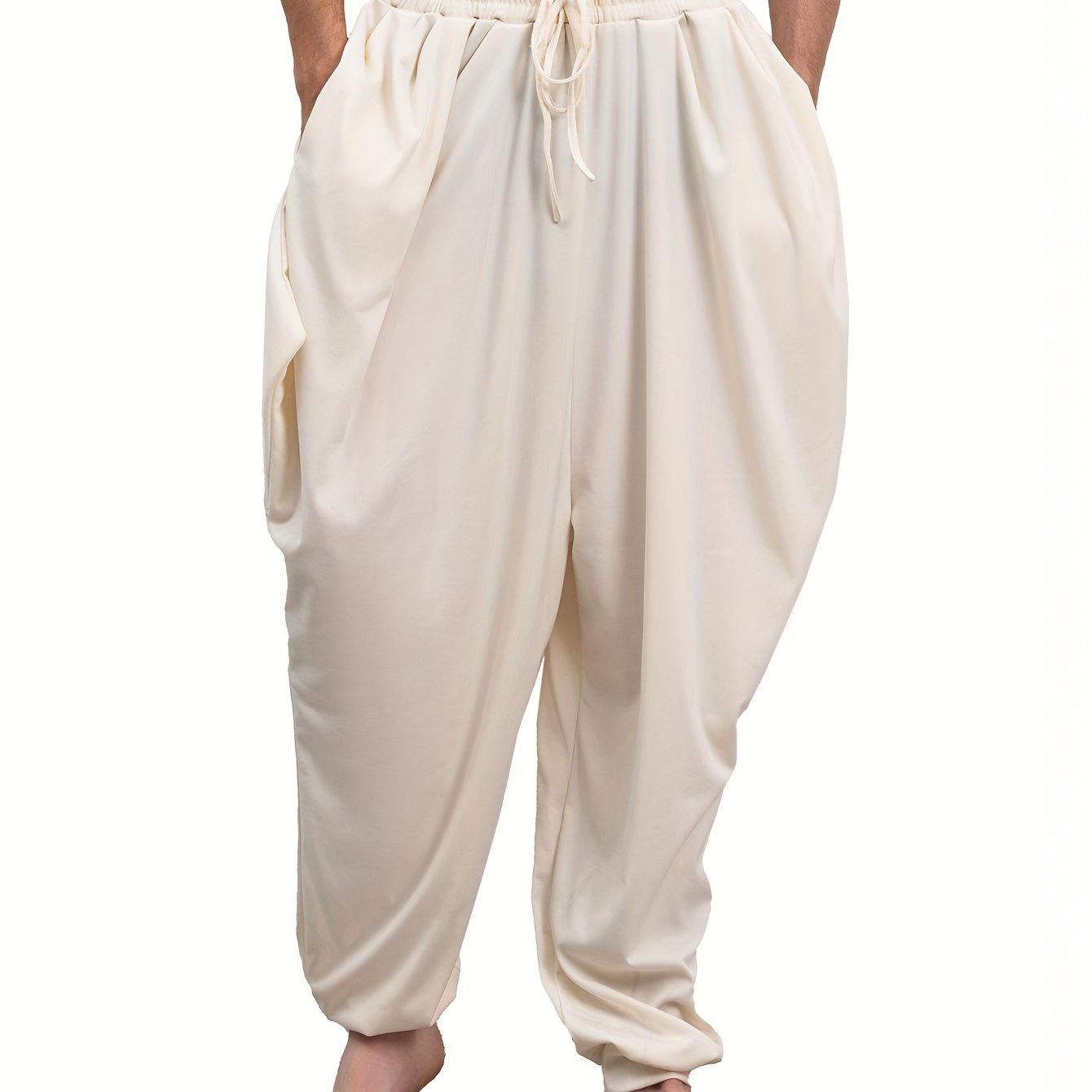 Adult harem pants in 100% polyester knit fabric, medium stretch, solid color, loose fit with drawstring, suitable for all-season weekend wear, available in plus size.