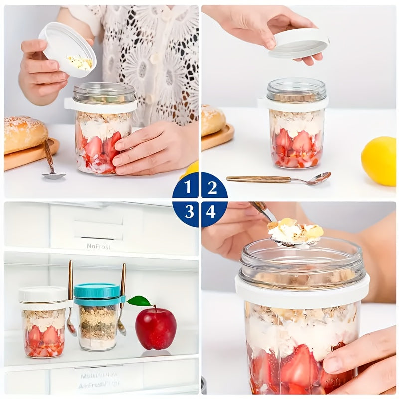 2 350ml glass jars with spoon for overnight oats, salads, or yogurt - plain design