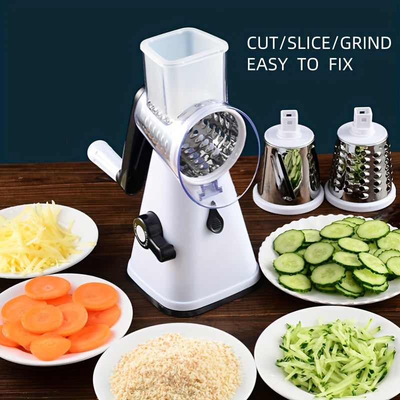 Handheld Kitchen Gadget with Safety Handle and Strong Suction Base - Manual Rotary Cheese Grater featuring 3 Stainless Steel Blades for Nut Grinding, Carrot Shredding, Fruit Slicing, and Potato Shredding.