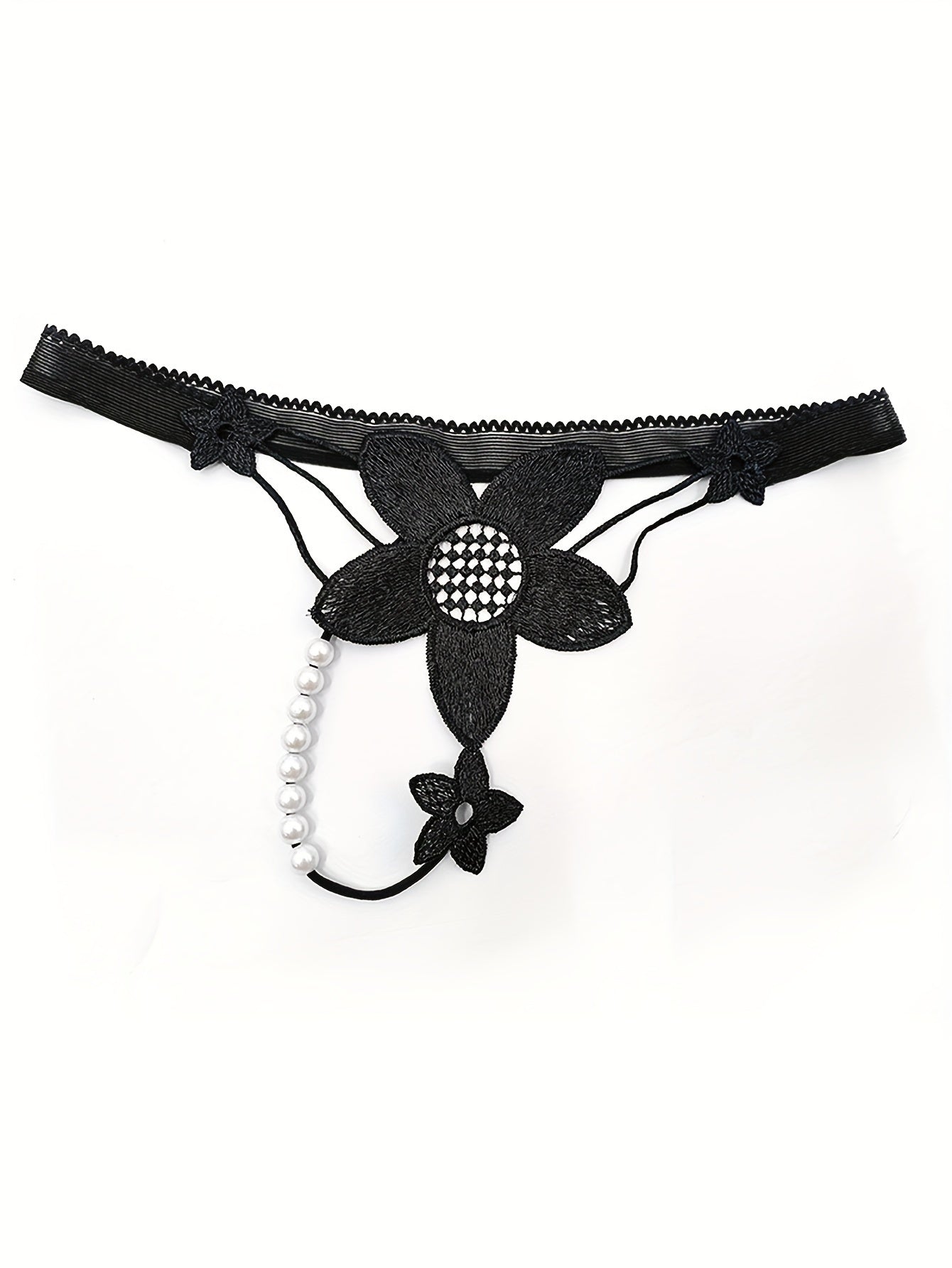 Women's Thong with Flower Embroidery and Pearl Detail