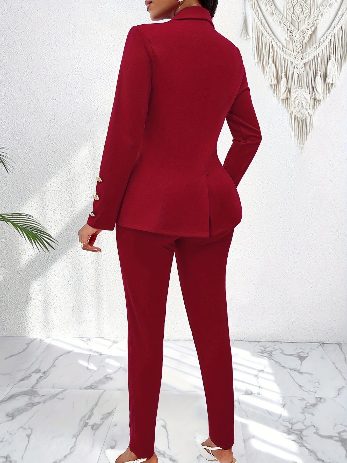 Three-piece women's office suit set includes a tube top, cardigan jacket, and trousers.