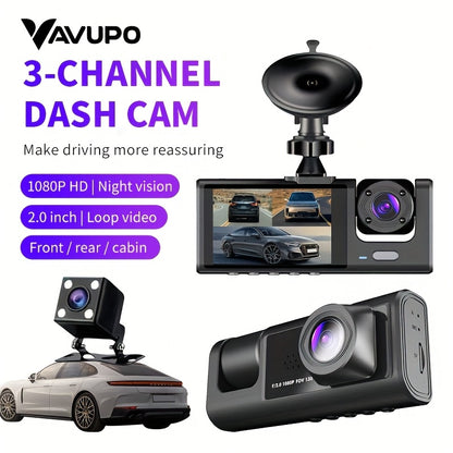 Vavupo 3-Channel Dash Cam with IR Night Vision - 1080P HD, Front & Rear Recording, Loop Playback, 5.08cm IPS Display, Wide Angle Lens, USB Powered