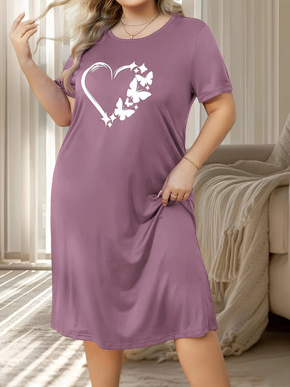 Plus size casual lounge dress with butterfly and heart print, short sleeves, crew neck.