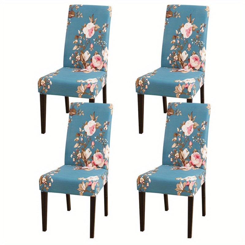 Printed stretch chair slipcovers in 4 or 6 pieces, ideal for dining chairs in various settings.