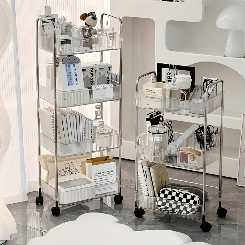 Acrylic rolling storage cart with 3/4 layers, transparent design, 360° rotating wheels, ideal for bedrooms, bathrooms, and kitchens.