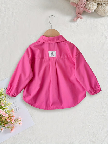 Pink button-up shirt jacket for girls made of casual polyester, ideal for spring/fall. Suitable for toddlers and kids.