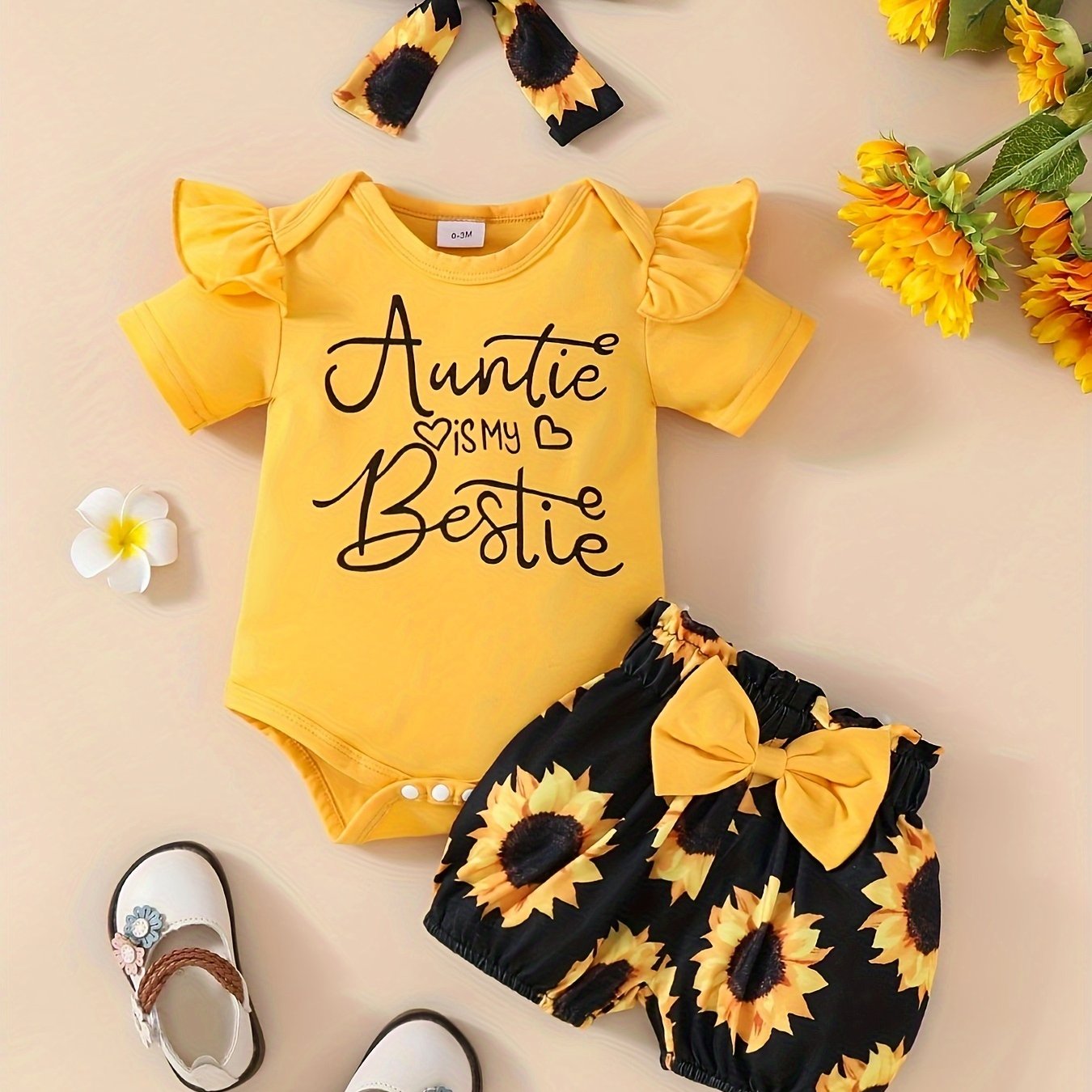 Cute 3-piece girls' outfit set with 'Daddy's Girl, Mommy's World' letter print romper, floral shorts, and matching headband. Made of soft polyester blend, ideal for summer and outdoor wear.