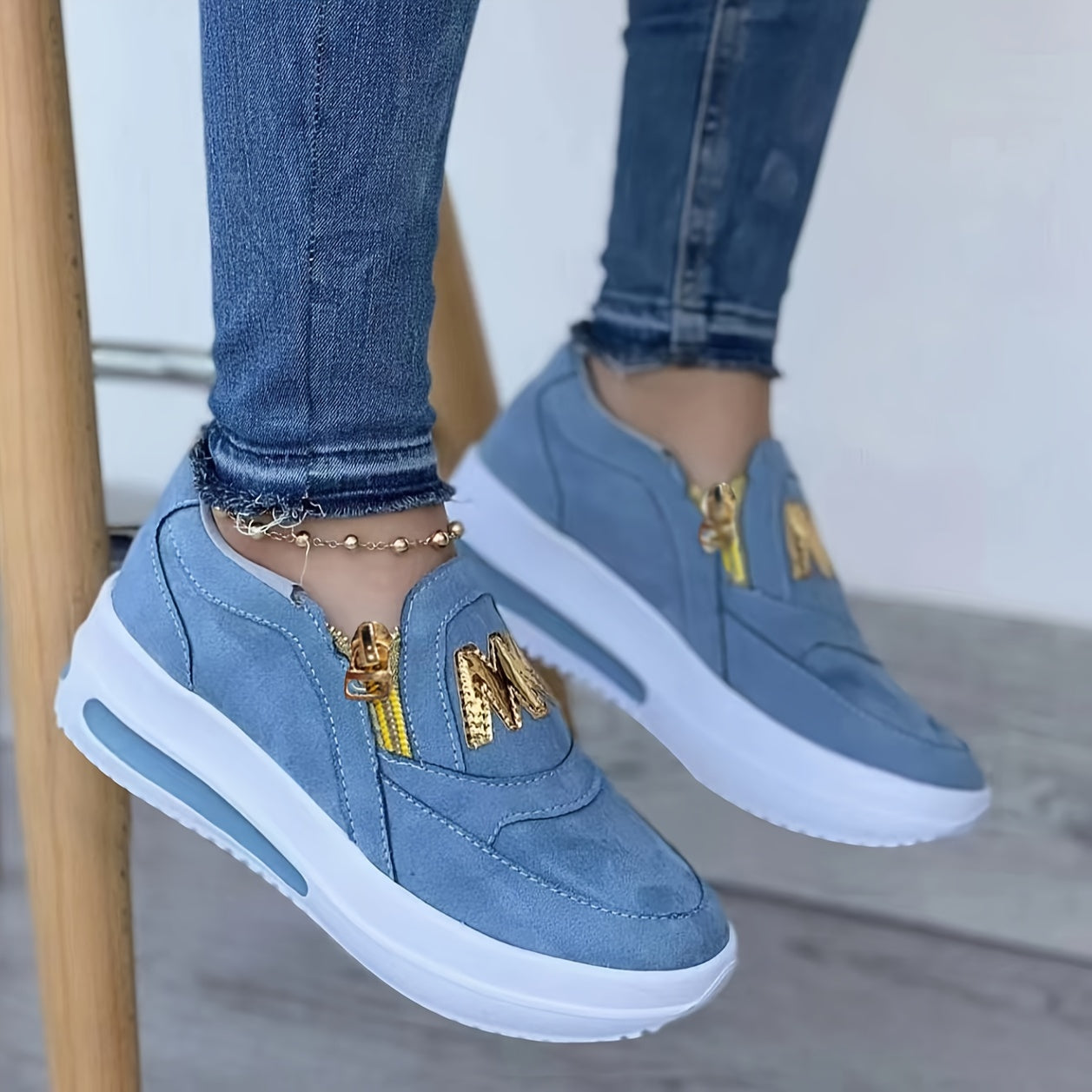 Women's slip-on low top walking shoes with thick bottom for comfort. Casual skateboard sneakers with non-slip TPU sole for all-season wear. Fabric upper and inner with breathable insole.