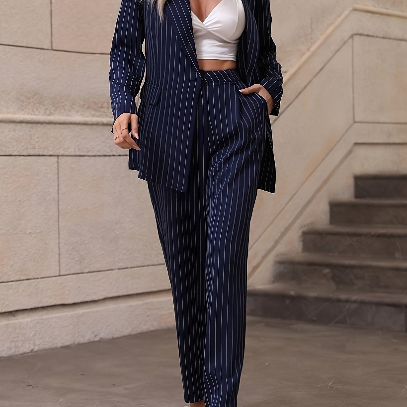 Polished Polyester Pinstripe Women's Suit Set with Long Sleeve Jacket and Trousers, Includes Blazer and Matching Pants