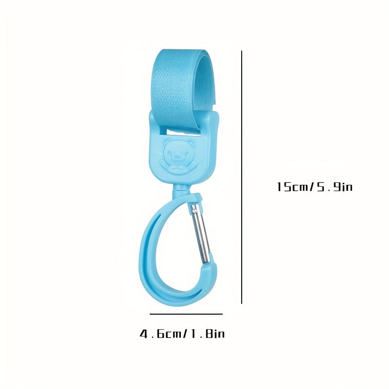 '- Two adjustable Stroller Hooks with 360 Degree Rotation, Hook-and-loop Closure, and Detachable Feature, made from sturdy Plastic