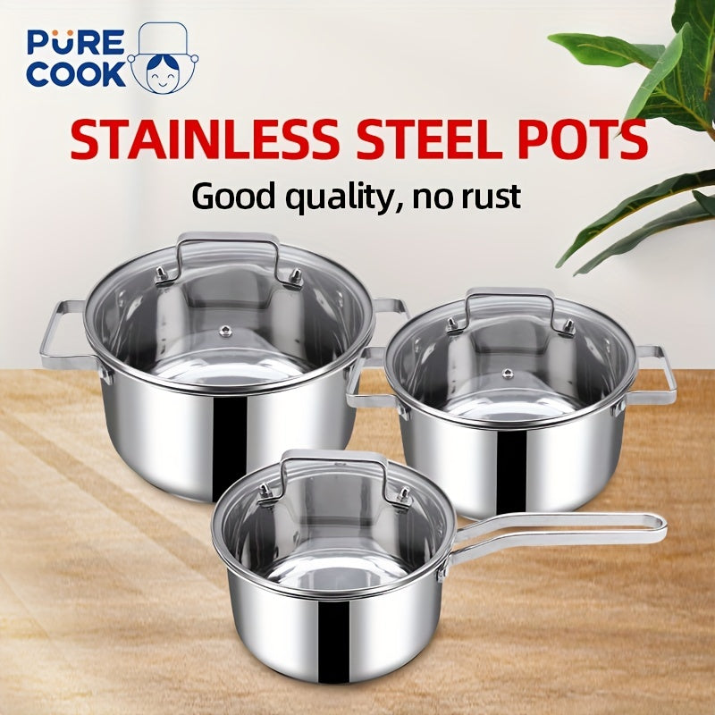 Set of 6 Pure Cook SUS304 Stainless Steel Cooking Pots with Glass Lids - Includes Saucepan, Soup Pot, and Kitchen Cookware. Compatible with Induction, Electric, and Gas Cooktops. Standard set is dishwasher safe.