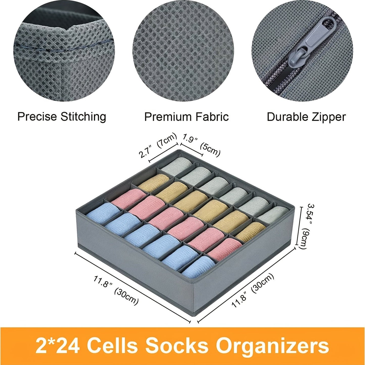 Grey 24 Cell Collapsible Closet Cabinet Organizer for Storing Socks, Bras, Handkerchiefs, Ties, Belts - 1/2 Pack Sock Drawer Organizer Divider and Underwear Storage Box