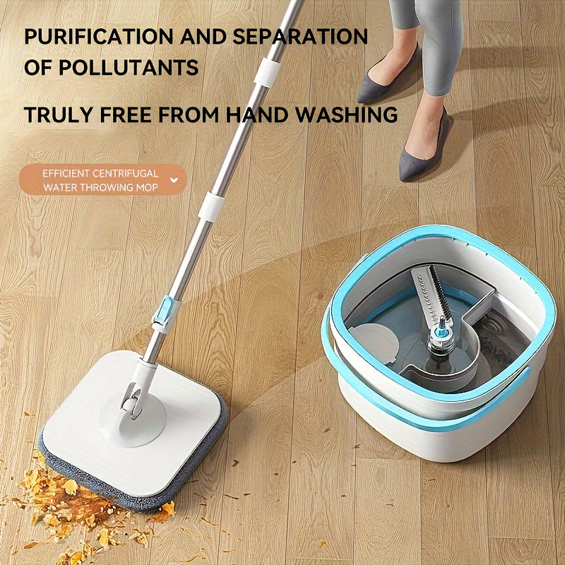 Get the 1 Set Hands-Free Wash Mop And Bucket Set for sewage separation. This rotating floor mop is perfect for lazy cleaning sessions in your home, kitchen, or bathroom. It can be used for both dry and wet cleaning, making it a versatile cleaning tool