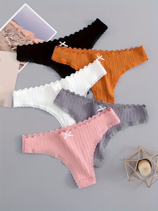 Five pieces of floral lace trim thongs, sultry low waist panties with scallop trim, women's lingerie and underwear.