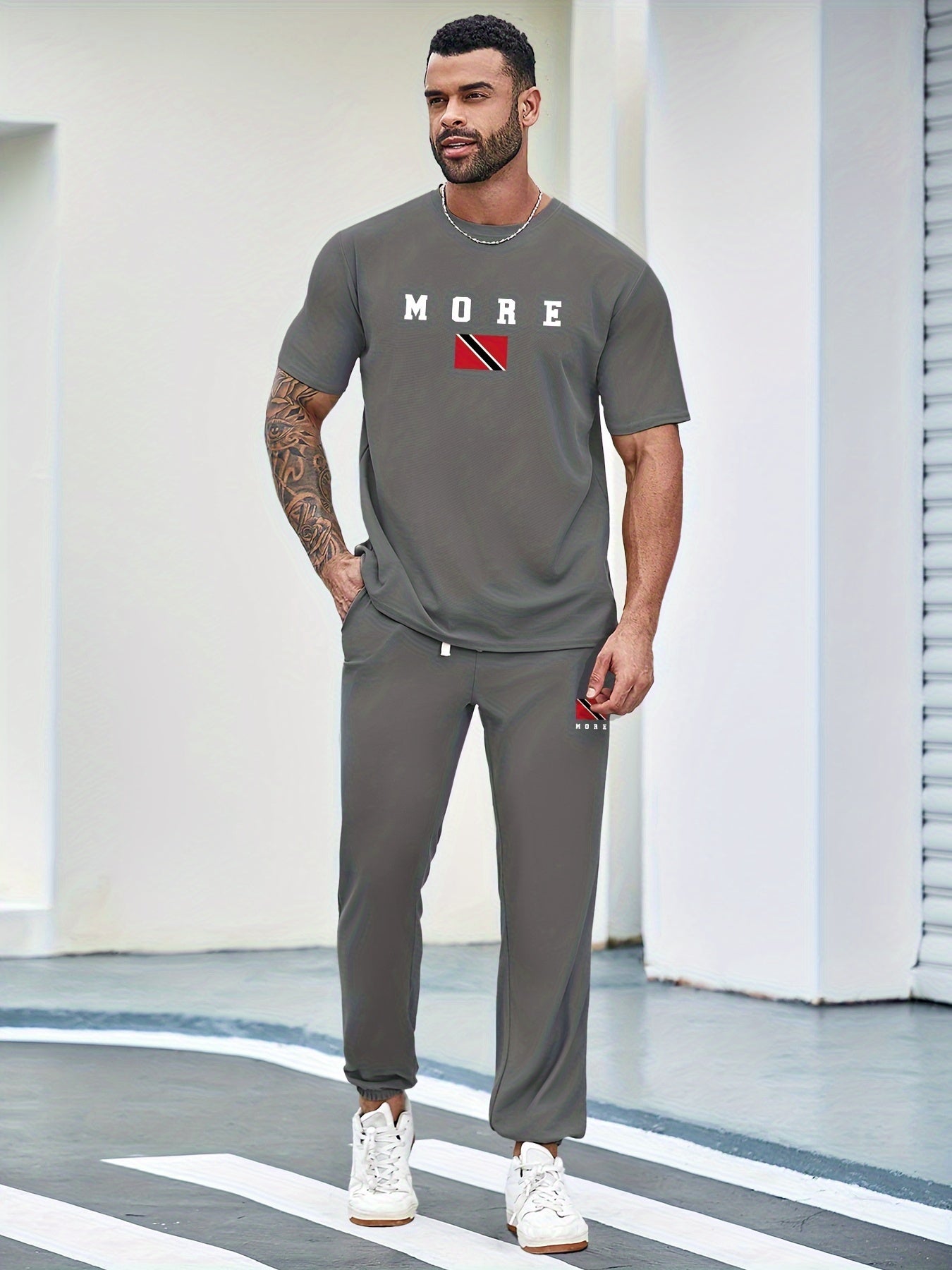 MORE Men's 3-piece Casual Sports Set: includes short sleeve T-shirt, shorts, and pants. Made for breathable summer wear.