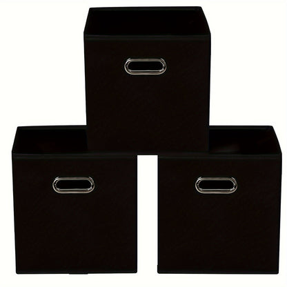 6 pieces of foldable fabric storage bins with handles are available in classic cube designs for organizing your home, bedroom, or office. Choose from black, blue, or cream options.