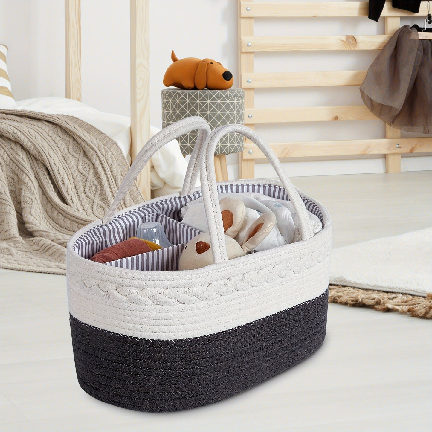 Baby Diaper Caddy: Convenient Nursery Storage Bin and Car Organizer for Diapers, Wipes, and More! Features Cotton Rope Basket Design for Changing Table Organization