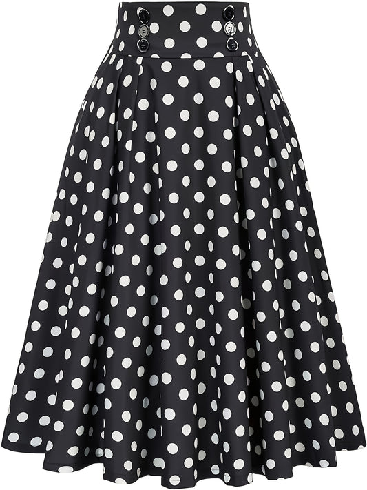 High waist flared skirt with polka dots and ruffled hem.